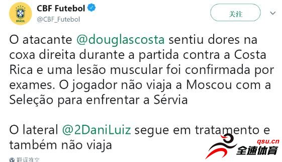 道格拉斯-科斯塔因伤将无缘巴西队对塞尔维亚的比赛。