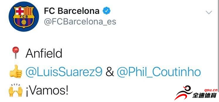 巴萨官推分享了库蒂尼奥和苏亚雷斯在利物浦队徽前的合照