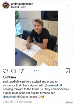 皇马签下了冰岛名宿古德约翰森的儿子安德里-卢卡斯-古德约