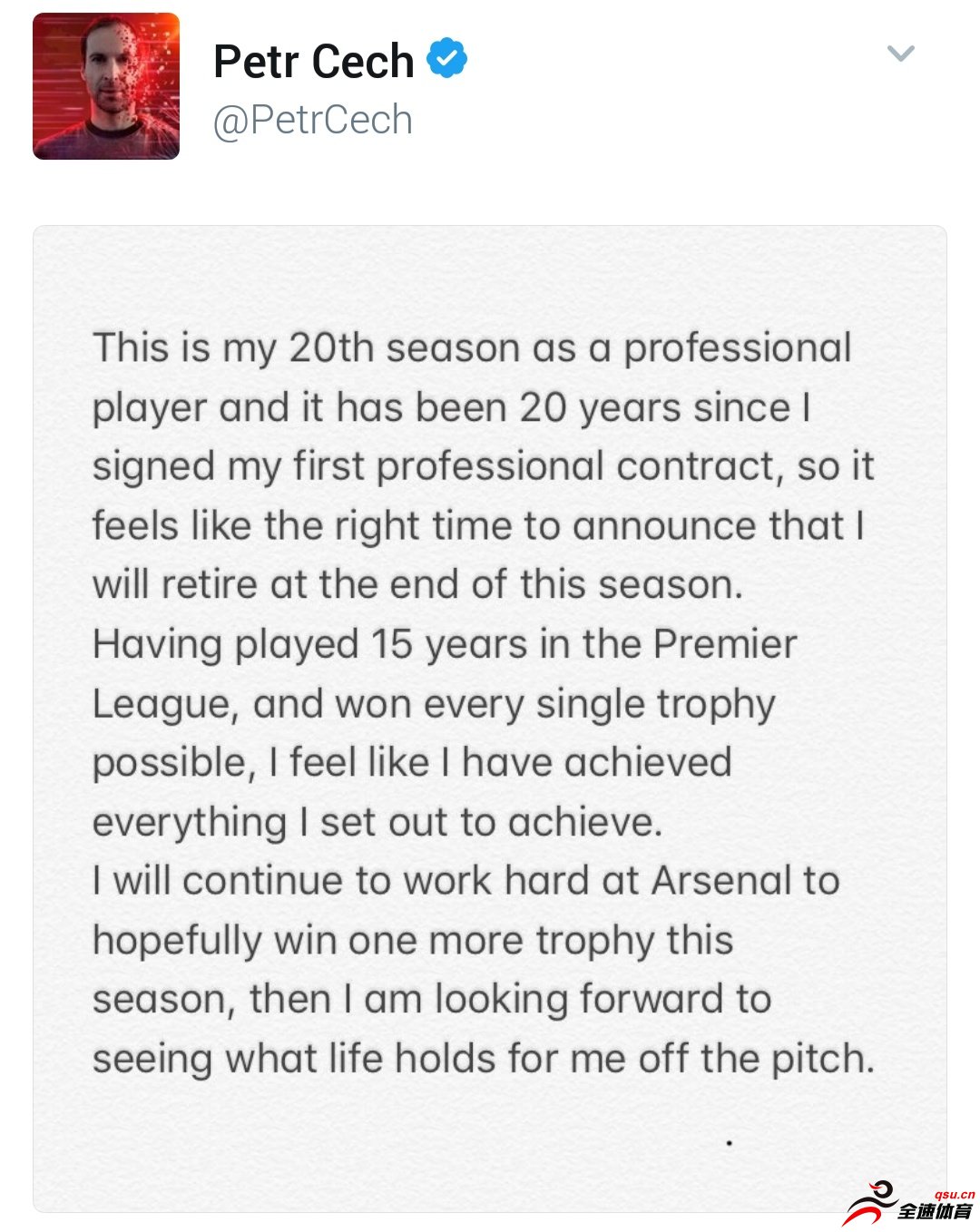 门将切赫宣布，自己将于本赛季结束后正式退役