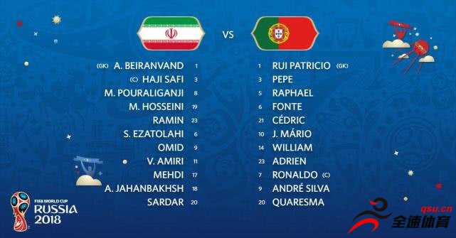 葡萄牙vs伊朗双方公布阵容首发