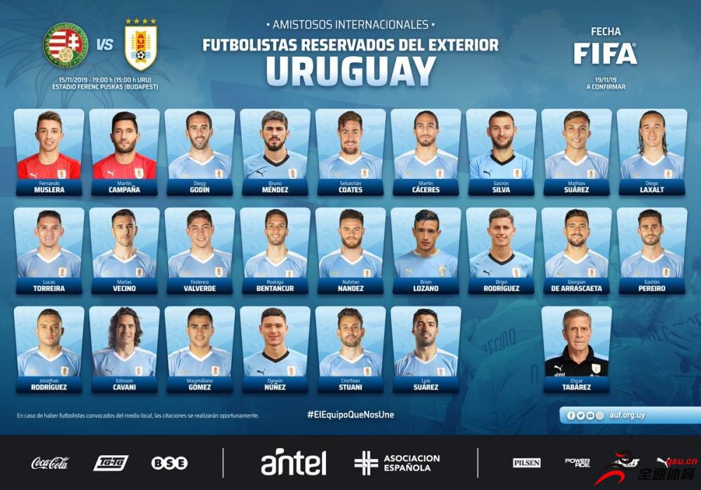 乌拉圭国家队公布了新一期的征召名单