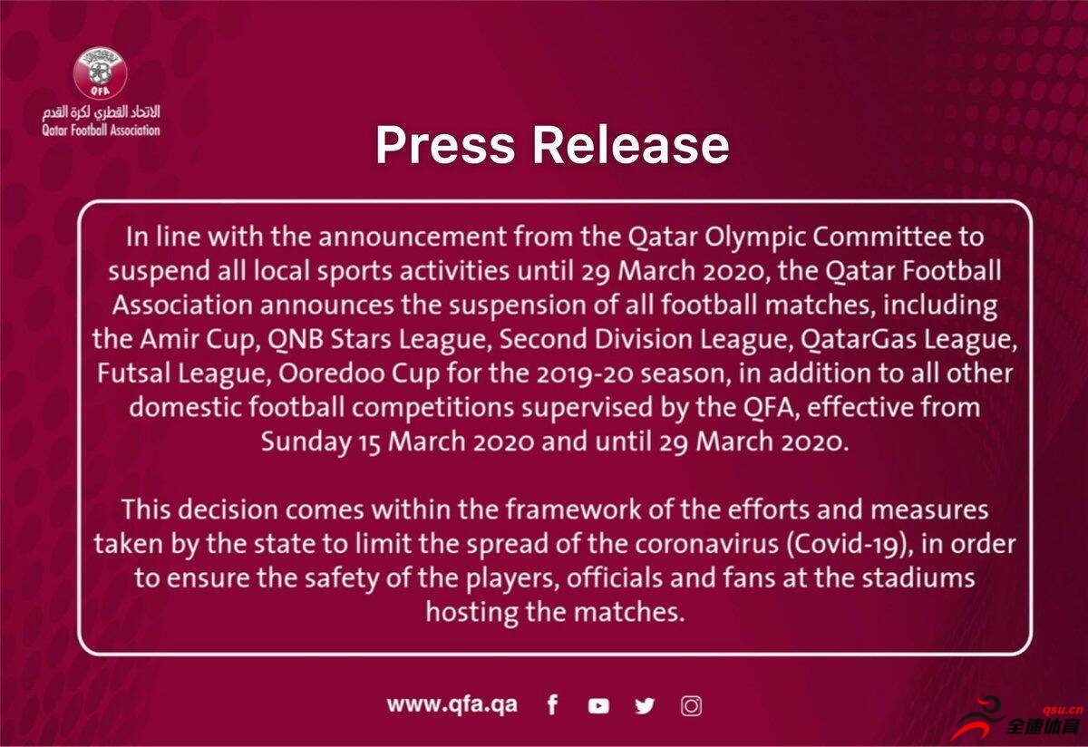卡塔尔足协：将暂停国内所有足球赛事，为期两周