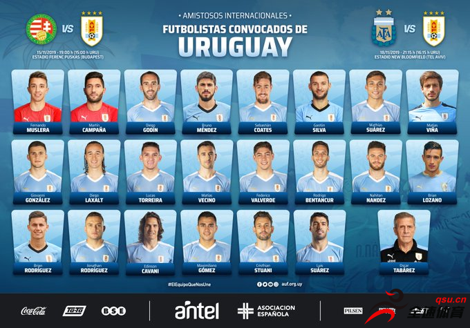 乌拉圭国家队公布了新一期的征召名单，苏牙、卡瓦尼领衔