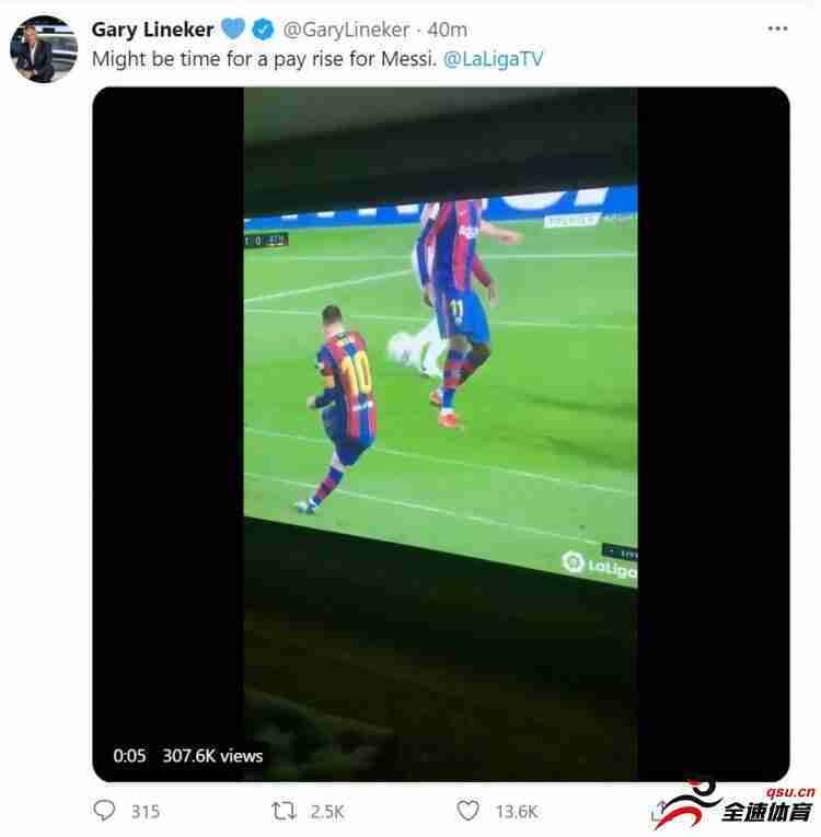 莱因克尔刚刚在推特上晒出了梅西的任意球破门视频